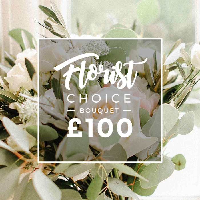 A luxurious, square composition highlights a Florist Choice Bouquet priced at ?100, styled in white and green tones. The bouquet presents full-petaled blooms in white and ivory-perhaps garden roses, peonies, or ranunculus-interwoven with abundant greenery, including rounded eucalyptus leaves and olive branches whose slender forms add depth and romance. The arrangement is artfully balanced, with petals opening toward the light and the greens lending structure and movement. A transparent white overlay sits centrally, carrying the branding in elegant typography: Florist in a graceful script at the top, followed by CHOICE and ? BOUQUET ? in clean capitals, and the price again appearing below in a bold sans-serif. The bouquet remains visible through the soft overlay, inviting the viewer to feel its textures and scent as if within reach. The background is softly blurred, with diffused natural light suggesting a bright, airy display-an image that would sit well on a florist's product page for wedding flowers or luxury gifts. The message is clear: a premium, custom-designed floral gift available for quick delivery to Brent Cross and its environs, from Brent Cross Flowers, a trusted local name for same-day delivery across Cricklewood, Hendon, and Golders Green.