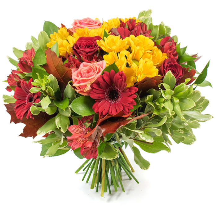 A rounded, densely packed autumn bouquet sits against a white studio backdrop, its composition a study in warm contrast and handcrafted detail. Rich, velvety reds dominate the scene: several dark red gerberas with broad, radiating petals form bold focal points while true red roses - some in full bloom, some still tight - lend classic formality and depth. Scattered among these are plentiful bright yellow spray chrysanthemums or similar small multi-petalled flowers, their clustered faces creating a lively, sunny punctuation that lifts the composition. Coral-pink and soft peach roses temper the intensity, their softer hues and delicate textures introducing a gentle romanticism. Spiky, patterned alstroemeria in red-orange tones thread through the bouquet, their striped petals adding a subtle graphic element and graceful, star-like shapes. The flowers are nestled in a layered bed of foliage: deep glossy green leaves provide a lush foundation, while lighter green and slightly mottled leaves add volume and tactile contrast. Distinctive, large bronze and reddened autumn leaves - evocative of oak or maple - are artfully placed to underscore the fall narrative, giving the arrangement an organic, woodland feel. The stems are visibly gathered and tied at the base in a traditional hand-tied method, the fresh green stalks resting on the white surface and speaking to careful studio handling under natural light. The overall mood is one of seasonal celebration and comfort, a bouquet meant for Thanksgiving tables, harvest displays or as a warm gift for someone living around Brent Cross, a short ride from the tube or the nearby parks.