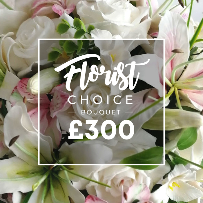 A densely packed, luxurious bouquet dominates the frame, showcasing a sophisticated blend of pristine white roses and white lilies, their petals layered in plush, almost sculptural waves. Soft pink accents drift through the arrangement, while vibrant green foliage-likely eucalyptus-bursts between blooms, creating depth and a fresh counterpoint to the whites. The composition feels hand-tied and expertly balanced, with each bloom positioned to catch light and invite closer inspection. Centered over this opulent display is a crisp white rectangular overlay with a slim border, presenting the emblematic wording: Florist in an elegant script, CHOICE BOUQUET in a clean uppercase sans-serif, and beneath both, the entry ? BOUQUET ? followed by a large, bold ?300 in white. The image exudes premium quality, suggesting a bespoke arrangement designed for milestone celebrations, weddings, or a lavish gesture of love. The atmosphere hints at a bright studio setting, the bouquet's fragrance imagined as fresh and uplifting, with textures ranging from silky rose petals to the soft glow of lily stamens. Brent Cross Flowers crafts these pieces in our Brent Cross workshop, offering dependable same-day delivery to Cricklewood, Golders Green, and Hendon, ensuring a thoughtful gift arrives with elegance and care.