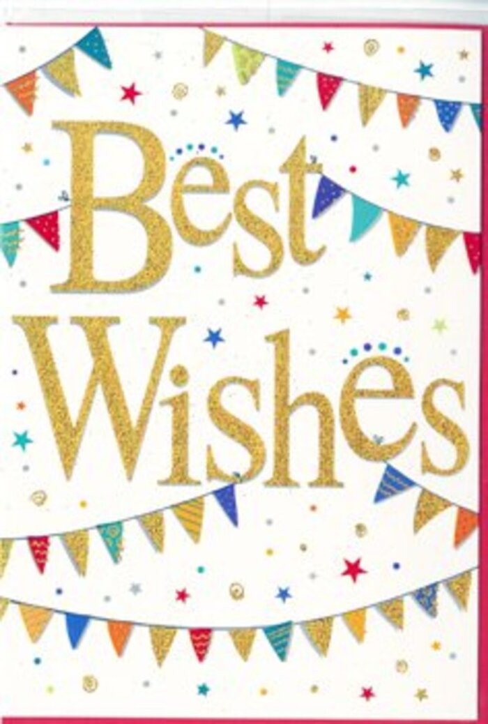 In this image, a joyful Best Wishes card is depicted with a design that feels as welcoming and hopeful as meeting friends at Brent Cross for a celebratory coffee. The background is a smooth, bright white, like an empty page waiting to be filled with good memories. Dominating the centre is the greeting Best Wishes, written in large, sweeping gold script that looks slightly raised and generously dusted with glitter. The metallic lettering glows warmly, its curves and loops catching the light in a way that suggests a luxurious yet friendly touch, more like festive ribbon than formal calligraphy. Encircling the words, gentle garlands of bunting curve across the top and bottom of the card, creating a sense of being wrapped in celebration. Each small pennant flag is intensely coloured-rich blues, vibrant reds, fresh greens, and bright yellows-some plain, others embellished with fine patterns such as dots, stripes, and subtle geometric shapes that add depth and interest. Threaded between these bunting arches, tiny stars and circular confetti marks drift over the white background in coordinating colours, scattered just loosely enough to feel spontaneous, like confetti caught in a light breeze along the streets near Brent Cross station. The composition is carefully balanced, with the radiant gold lettering anchoring the eye amid the playful details. The card's mood is genuinely uplifting, conveying admiration, support, and hope all at once. Paired with a seasonal bouquet delivered by Brent Cross Flowers, it would suit many occasions-congratulating exam success, marking a move into a new flat, or simply wishing someone courage and luck as they begin a fresh chapter in life.