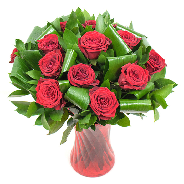 A refined, romantic arrangement of deep crimson roses takes centre stage: about a dozen or slightly more heads sit in full bloom, their velvety petals tightly spiralled and catching the light to reveal subtle variations of red from burgundy cores to brighter outer edges. The composition feels both lush and structured - glossy, dark green filler foliage provides a rich backdrop, while larger broad leaves have been carefully curled and folded into cylindrical and spiral shapes that frame each rose and introduce an elegant architectural rhythm. These sculpted greens - reminiscent of Aspidistra and Salal - add depth and a contemporary flourish without detracting from the roses' classic profile. The flowers and foliage are presented in a tall, translucent ruby-red glass vase with a delicate twisted or ribbed texture that runs vertically; highlights trace the vase's curves and complement the petals' sheen, creating a cohesive jewel-toned palette. Placed against a stark white background under soft, diffused light, every petal edge and leaf vein is visible, enhancing the sense of freshness and handcrafted care. The sensory impression is unmistakable: velvety reds, cool glossy greens, and a soft floral scent that suggests the bouquet was just arranged and is ready to be given. Ideal for Valentine's Day, an anniversary, or a heartfelt romantic gift, the arrangement carries a message of enduring passion delivered with sophisticated style - a pairing of classic sentiment and modern floral design that would be familiar to customers in Brent Cross, Hendon and surrounding NW London neighbourhoods seeking a memorable gesture.