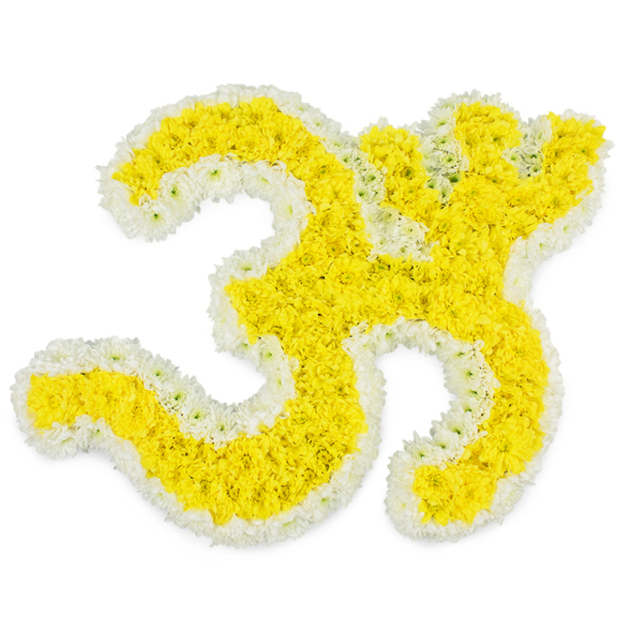This image shows a beautifully executed Om funeral tribute created entirely from fresh yellow and white flowers, laid out against a stark white backdrop that allows the shape to stand out with striking clarity. The main curves and inner form of the Om symbol are filled with rich, golden-yellow blossoms, likely petite chrysanthemums or marigolds, so densely packed that they form a deep, cushion-like layer of petals. Subtle variations of tone within the yellow add depth, as if soft sunlight were falling across the surface. Surrounding this bright interior is a narrow but perfectly consistent border of white blooms, framing the entire symbol, including its elegant upper crescent and the distinct, separate dot above. The white petals introduce a feeling of calm and purity, creating a gentle yet powerful contrast with the warm yellow centre. Bright, diffuse lighting reveals every petal's delicate edges and shadows, giving the tribute a soft three-dimensional effect even though the background remains completely plain. It is easy to picture this Om design resting on an easel at a crematorium service or placed beside the coffin at a Brent Cross funeral, a meaningful focal point for families who hold the mantra close to their hearts. One can almost sense a faint, green-fresh perfume rising from the flowers and the quiet hush of the room around it. This carefully constructed piece reflects the familiarity of Brent Cross florists with local Hindu customs, turning simple seasonal blooms into a spiritual emblem of peace, remembrance, and the hope of eternal unity.