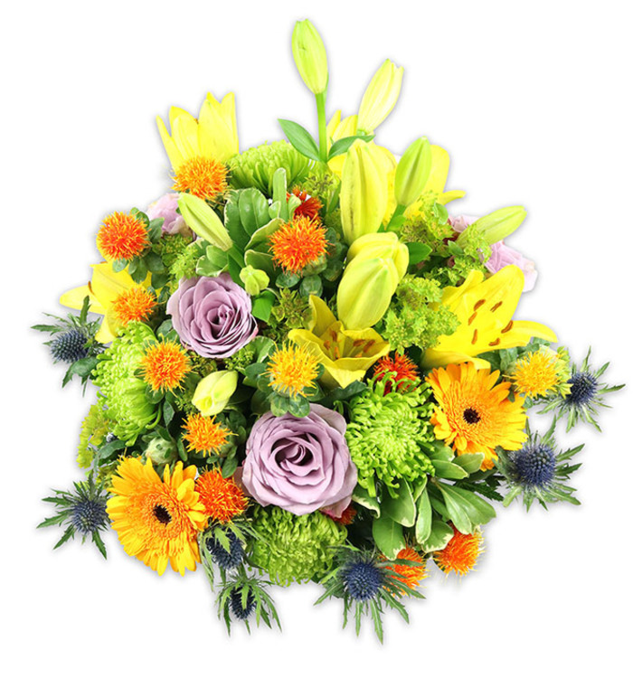 A richly coloured, densely arranged bouquet sits against a pure white background, each element chosen to harmonise texture, line and tone. Dominating the vertical rhythm are several yellow Asiatic lilies-some opened wide to show their speckled petals and slender stamens, others held as elongated buds that add graceful upward movement. Two soft lavender-purple roses form a calm, elegant focal point near the centre, their velvety petals unfurling in tight spirals that invite a closer look. Bright orange Gerbera daisies interrupt the softness with bold, flat faces and darker centres, offering sunny punctuation throughout the composition. The body of the bouquet is made plush by lime-green button chrysanthemums, their compact, ruffled florets creating a cushion-like mass that supports and softens the bolder forms. Small spherical orange and yellow accent blooms-spiky and tactile-are dispersed throughout to create playful visual beats, while blue-grey sea holly or Eryngium thistles rise from the lower margins with star-like bracts that provide cool, architectural contrast. A mix of broad and narrow foliage-lily leaves, glossy green sprigs and feathery fillers-frames every bloom, giving depth, shadow and a naturalistic silhouette. The lighting is even and soft, emphasising colour saturation and the interplay of textures; the imagined scent mixes a delicate lily perfume with fresh greenery. As a versatile, joyful composition, it suits celebratory events, thoughtful sympathy pieces, or an elegant centrepiece for a Brent Cross table, evoking both modern floristry and timeless generosity.
