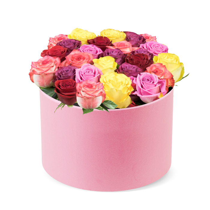 A stunning, luxurious floral arrangement fills a soft pink round hat box, presented against a clean white background. The cylindrical box, wrapped in velvet-like fabric in a delicate pastel pink, features a gently curved top edge that reveals a dense crown of vibrant roses ready to spill over the sides. Approximately thirty to forty individual blooms rise in a lush, domed centerpiece, their petals perfectly formed and healthy, signaling peak freshness. The color palette sweeps from bright yellow to romantic red and burgundy, through pinks from soft blush to vibrant fuchsia, and hints of cream, with opulent purple-plum accents adding depth. A few glossy green leaves peek between the blossoms, giving a natural contrast that elevates the jewel-like bouquet. This elegant arrangement embodies premium flower delivery and makes an ideal gift for Valentine's Day, anniversaries, birthdays, or simply to brighten a room with sophisticated home decor.

Crafted with the eye of a Brent Cross florist, the box exudes luxury while remaining approachable-a contemporary keepsake perfect for a Brent Cross doorstep, or to grace a living room in Cricklewood or Golders Green. Its refined composition invites stories of celebration and connection, whether used for editorial features on luxury gifts, floral trends, or guidance on selecting a striking rose-only arrangement that feels both opulent and intimate.