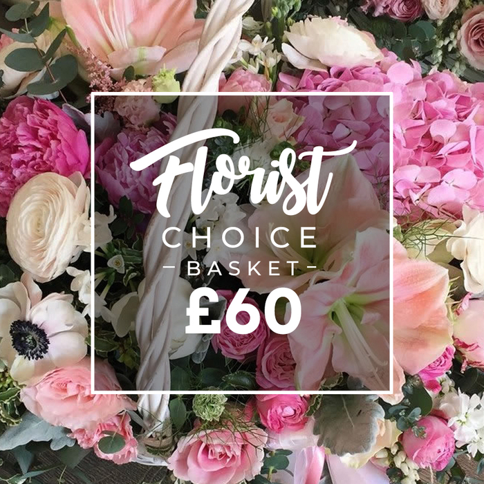 Overhead and in close detail, the Florist Choice Basket unfolds as a lush harvest of color and texture, a ready-to-gift arrangement from Brent Cross Flowers. The dominant palette-soft pinks, creamy whites, rich fuchsias-sits against deep green eucalyptus and other foliage that frame the blossoms with a natural, garden-fresh vibe. The showpieces are the large hot pink peonies with their ruffled layers, the delicate clusters of pale pink hydrangeas, and the white and blush roses that glow softly in the light. White ranunculus whirl into the mix with their tightly wound petals, while pristine white anemones offer a striking, dark-centered contrast. A touch of peach amaryllis hints at additional warmth and texture, adding a seasonal flourish to the bouquet. The arrangement sits in a sturdy, light-colored woven basket, its handle partly visible as if cupped by flowers, evoking rustic-chic elegance. Centered on the display is a clear white square frame with the brand's typography: Florist (in script) and CHOICE - BASKET - (in uppercase sans serif), followed by the price ?60 in bold white numerals. The composition is balanced, the overlay giving a modern, editorial touch while preserving the artisanal feel of the bouquet. The lighting is soft and bright, highlighting petal softness and the subtle gloss of the basket's weave. The bouquet, designed to be handed over as a thoughtful gift, is ideal for celebrations, anniversaries, or as a generous expression of appreciation, available for same-day delivery across Brent Cross through Brent Cross Flowers. This image speaks to the neighbourhood's taste for refined florals-elegant, expressive, and reliably fresh-and embodies the care of a local florist who understands gifting in Brent Cross and surrounding communities.