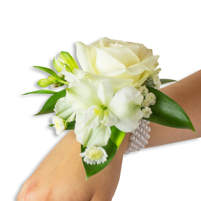 Framed on a pale wrist that enters from the bottom right against a stark white backdrop, this wrist corsage presents a composed study of white florals and glossy foliage. The central feature is a perfectly formed creamy ivory rose whose layered petals open in a measured, velvety curl, reflecting a soft, diffused light. Beneath and a touch left of that rose a broad, trumpet-shaped white blossom - likely an Alstroemeria or Peruvian lily - shows subtle ribbing and a pale lime-green throat that creates depth and a natural gradient from white to green. Scattered among these focal blooms are several small, green-tinged buds, poised and unopened, which add structural rhythm and the suggestion of seasonal growth. Delicate clouds of Baby's Breath (Gypsophila) are woven through the arrangement, producing fine textural contrast to the smoother, rounder petals. A tiny cluster of white daisy-style florets with golden yellow centres anchors the lower edge of the composition, introducing a bright, pinpoint contrast. Broad, dark green leaves with a waxy sheen are artfully placed to frame and support the blooms, their surfaces absorbing light and emphasizing the flowers' purity. The floral assembly is attached to the wrist by a chic, elastic multi-strand pearl bracelet composed of uniform white pearls that wrap snugly and elegantly. Textures - the cool, hard luster of pearls, the soft velvet of petals, the crispness of foliage - are all apparent beneath gentle lighting, and a faint fresh floral fragrance suggests the flowers were recently gathered. Thoughtfully made for formal events and quiet celebrations around Brent Cross, this corsage balances botanical authenticity with refined accessory craftsmanship.