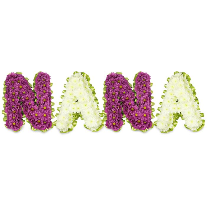 Presented on a stark white background, this bespoke funeral tribute spells NANA in large, sculpted letters formed from hundreds of small chrysanthemum-like blooms. The two Ns are made from deep magenta to plum chrysanthemums with delicate yellow centres, offering a plush, jewel-toned surface, while the As are constructed from creamy white chrysanthemums that provide a soothing, luminous contrast. Each letter is neatly bordered with a lively lime-green trim-either pleated satin ribbon or closely arranged foliage-that undulates around the edges and lifts the composition with a fresh, natural note. The dense packing of tiny flower heads produces a unified, almost cushion-like texture; under soft light the petals pick up highlights and cast gentle, reverent shadows that emphasise the letters' dimensionality.
From a local florist's viewpoint, this is a classic, heartfelt choice for celebrating the life of a cherished grandmother. We craft pieces like this for services and wakes across Brent Cross, Cricklewood and nearby Hendon, often delivering to churches and chapels close to the shopping centre or to graveside services on rainy suburban days when comfort is needed most. The purple blooms convey devotion and memory, the white brings peace, and the green border offers a hint of renewal. Prepared with careful attention to freshness and finish, this tribute by Brent Cross Flowers is designed to be read, touched and remembered-a personal, tactile farewell that balances clear lettering with soft floral artistry.
