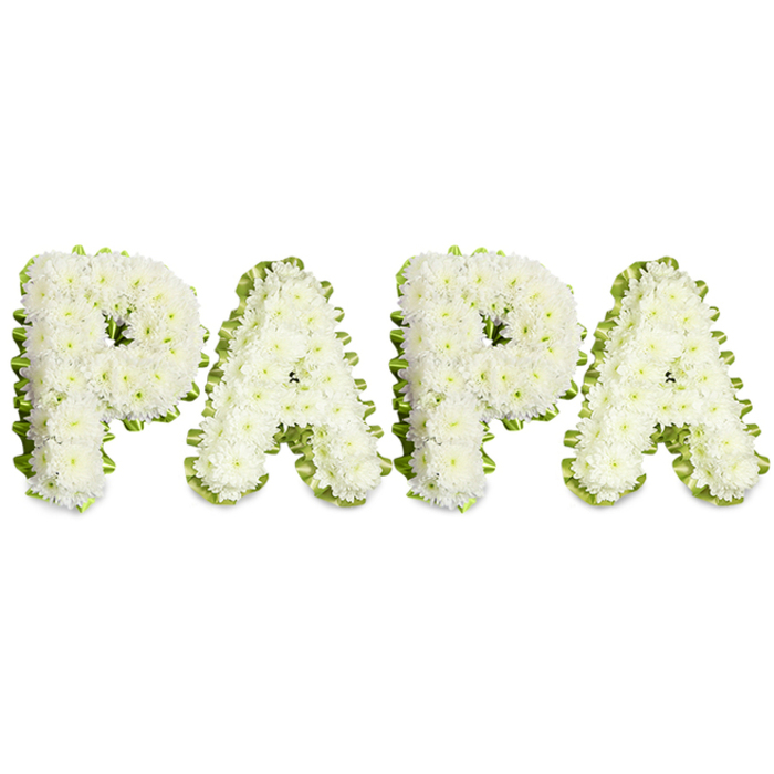 An elegant, heartfelt memorial piece that spells out PAPA in large, uppercase letters against a pristine white backdrop. Each letter is constructed from dense clusters of small, pure-white chrysanthemums or similar spray blooms, their layered petals giving the characters a soft, textured surface and a slightly rounded profile. Along the perimeter of every letter a pale green pleated ribbon or a thin rim of fresh foliage has been applied with careful pleating, the wavy border offering a fresh, understated accent that both frames and separates each letter with clarity. The flowers are set close together so that from a few paces the letters read as solid forms, while close inspection reveals the individual blossoms and the artisan hand that placed them.

The mood is one of solemn tenderness: the choice of white flowers suggests purity and serene farewell, while the green edging hints at renewal and gentle hope. Soft, diffused lighting removes hard shadows and allows the chrysanthemum textures to show in quiet detail, creating an image that is respectful and composed. A florist familiar with ceremonies around Brent Cross and nearby Hendon would choose this composition for a father or grandfather whose family wants a personal, familiar word - PAPA - to appear at a service, remembering him with dignity and intimacy. This arrangement demonstrates technical skill, emotional sensitivity and a local florist's understanding of how floral lettering can comfort mourners and honour a life.