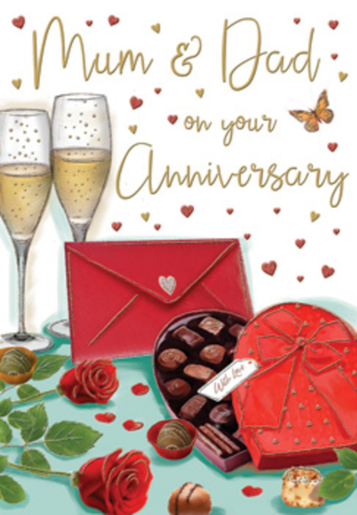 This anniversary card artwork creates a romantic vignette that feels as intimate as a quiet evening for Mum and Dad in Brent Cross, its details lovingly rendered in shades of red, gold, and soft cream. In the lower part of the design, two plush red roses take pride of place, their petals layered thickly in graceful spirals, each edge gently highlighted as though catching the light from a nearby lamp. The roses sit among rich green leaves that add depth and freshness, recalling the kind of thoughtfully arranged stems you might order from Brent Cross Flowers for same-day delivery around Hendon and Golders Green. Just beside them, a classic heart-shaped box of chocolates lies slightly open, its glossy red surface crowned with an elaborate bow whose loops and trailing ends appear almost touchably smooth. Inside, an assortment of chocolates is illustrated in mouth-watering detail, some dark, some milk, each nestled in its own little paper cradle, suggesting a moment of luxurious sharing between partners. Rising behind them, two elegant champagne flutes stand side by side, filled with sparkling golden liquid. The artist has captured delicate reflections in the glass and trails of tiny bubbles ascending, freezing the instant before the glasses meet in a celebratory toast. Around the central elements, scattered gold and crimson hearts drift in soft arcs, drawing the eye up to the hand-lettered Mum & Dad message, written in a warm, flowing script that feels personal and affectionate. To one side, a striking scarlet envelope lies closed and ready, hinting at a heartfelt letter or anniversary card tucked inside, perhaps written at a dining table near Brent Cross Shopping Centre. The composition radiates warmth, romance, and the enduring comfort of a long, shared journey in Brent Cross.