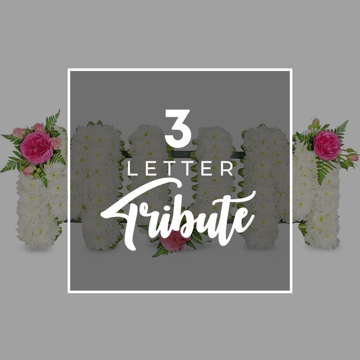 This carefully styled image highlights a bespoke MOM funeral tribute, set against a smooth grey background that emphasises the crisp whites and rich pinks of the flowers. The three capital letters stand firmly in a row, each one fully covered in tightly packed white chrysanthemums. Their small, frilled petals form a continuous, soft surface that looks almost velvet-like from a distance, suggesting the same care and precision you'd expect from an experienced Brent Cross florist. The first M is gently embellished at its upper left edge with a cluster of bright fuchsia roses and extra-soft pink rosebuds, surrounded by finely textured green fern fronds that arc slightly beyond the letter's outline. The rounded O at the centre is mostly untouched, maintaining a simple ring of pure white blooms, broken only by a single pale pink rose resting at the base of the curve, like a discreet tribute placed by hand. The final M mirrors the decoration of the first, with its rose and fern cluster sitting at the upper right, creating a pleasing visual rhythm across the three letters. A sharp white rectangular frame sits over the middle of the composition, inside which the words 3 LETTER Tribute appear, with 3 LETTER in a bold, modern typeface and Tribute written beneath in graceful script, clearly labelling the arrangement while allowing the floral craftsmanship to remain the main focus. At the outer edges of the picture, the cropped shapes of additional chrysanthemum letters, also trimmed with pink roses and fern, hint at other custom words or initials that might be created for local services near Brent Cross, Hendon, or Finchley Road. The overall impression is of a tender, personalised memorial design, perfect for honouring a mother's memory with flowers at a funeral, cremation, or graveside service.