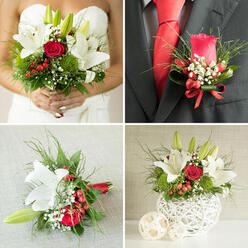 The groom's boutonniere in this image is a study in understated elegance, the kind of thoughtful finishing touch that suits a Brent Cross wedding, whether at a local registry office or a nearby hotel reception. A single red rose forms the heart of the design, its petals velvety and slightly cupped, neither fully in bud nor completely open, suggesting a moment of anticipation. The red hue is deep and romantic, resonating with the lustrous crimson tie that runs just behind it, pulling the entire outfit into harmonious balance. Around the rose, neat sprigs of greenery fan out, providing a fresh, structured backdrop, their leaves narrow and slightly pointed, catching the light along their edges. Nestled between the greens are tiny berries, round and firm, adding small pops of texture and a whisper of rustic charm. Wisps of baby's breath float delicately around the central bloom, their miniature white flowers softening the strong red and giving the piece a gentle, cloud-like halo. Everything is meticulously bound together and secured to the lapel, with no stray stems or loose threads, demonstrating the care of a skilled florist. The lighting is mellow and warm, bringing out subtle highlights in the rose petals and a subtle sheen on the tie. This boutonniere does more than decorate; it marks the wearer as central to the celebration, a partner in a shared story unfolding throughout the day. Each time the groom moves, adjusts his jacket, or greets a loved one, this small cluster of flowers becomes part of the memory, quietly symbolising love, commitment, and the pride of dressing well for such a meaningful occasion.