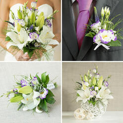 This four-image montage shows a single bridal palette rendered across every wedding element with thoughtful restraint: large white oriental lilies-creamy, satin-smooth, some open with visible stamens, others tight and promising-pair with white Eustoma whose edges blush a vivid purple, while narrow spires of deep purple accent flowers add a vertical, almost musical rhythm. In the top-left frame the bride holds the lush bridal bouquet against her strapless white dress, the mix of broad foliage, wispy grasses and tiny buds giving the composition movement and depth. The top-right frame focuses on a groom's boutonnière on a dark charcoal suit; a solitary purple-edged lisianthus, a lily bud and a slim flourish of greenery mirror the bouquet in miniature and sit neatly beside a purple silk tie. The bottom-left image shows a smaller hand-tied bouquet resting on textured beige fabric, its stems wrapped in white ribbon-clean, tactile, easy to hold while walking down an aisle. The bottom-right reveals a tall sculptural centerpiece in a white woven spherical vase, the floral mix cascading slightly and paired with woven beige decorative spheres for contemporary table styling. The overall light in the photos is soft and warming, the scent a gentle blend of sweet lilies and green, herbaceous notes. As a Brent Cross-based florist with delivery across Hendon, Golders Green and nearby streets, Brent Cross Flowers prepares these kinds of coordinated suites for couples seeking calm, elegant florals with local knowledge and careful craftsmanship.
