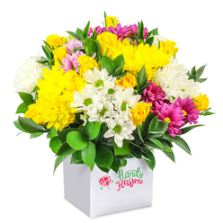 A rounded, abundant bouquet overflows from a modern white cube box, standing against a seamless white background that gives the flowers a crisp, almost luminous quality. The arrangement is dominated by sunny yellow chrysanthemums and small, budded yellow spray roses, their layers of petals creating a velvety, cushion-like texture that radiates warmth and optimism. Nestled between them are cool white chrysanthemums and smaller daisy-style flowers, each with a neat ring of white petals circling a fresh green centre, adding a calm, airy counterpoint that feels as refreshing as a walk through Brent Cross's green spaces. Threaded through this gentle contrast are striking fuchsia and magenta chrysanthemum clusters, some blending softly into lighter pink tones at the tips, providing flashes of rich colour that guide the eye around the dome. Dark, glossy foliage surrounds the base and pushes up between the blooms, framing the design and sharpening the separation between yellow, white, and pink. The white cube container, smooth and unadorned, grounds the bouquet in a contemporary style that would fit effortlessly into a modern flat near Brent Cross Shopping Centre or a reception area along Hendon Way. The mood is joyful yet refined, making this arrangement an appealing, affordable choice for a birthday surprise, a get-well message, or a simple "thinking of you" delivered locally. Imagining it in person, you can almost feel the cool petals and catch a hint of fresh, green fragrance lifting the atmosphere of any room.