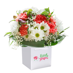 Gracefully perched within a modern white gift bag, this bouquet brings together the best of Brent Cross's contemporary style and warmth. Coral and red carnations, their petals frilled and energetic, anchor the arrangement in a field of plush colour. Nestled among them are crisp white daisies, each encircling a striking yellow-green centre that sparkles with the freshness of spring mornings at Clitterhouse Playing Fields. Baby's breath trails softly throughout, creating a vapour-light layer of serenity and gentle movement. On one edge, unopened buds with a subtle purple blush hint at flowers soon to reveal themselves, adding anticipation and depth. Broad, glossy green leaves wrap the base, fanning out in harmonious arcs like welcoming arms, adding volume and structure. Every stem is thoughtfully placed to shape a rounded form that emphasizes abundance and beauty. The bag's pure white color and robust ribbon handles capture a sense of classic simplicity, ready to accompany a thoughtful gift delivery around Brent Cross's local streets. Bathed in soft, even light, the bouquet's colour and detail take centre stage, offering a radiant, professionally finished arrangement. Ideal for heartfelt milestones-from a loved one's birthday to a gesture of appreciation-this floral ensemble encapsulates the spirit of local Brent Cross floristry, where freshness and care shine through each petal and leaf.