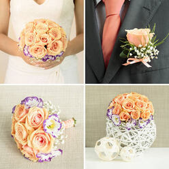 A gently romantic wedding study in peach, purple and white, captured across four coordinated views that read like a stylist's brief for a Brent Cross celebration. The close-up of the bride's rounded bouquet shows a tight cluster of pale peach roses at centre stage, their velvety faces warmed by soft daylight; surrounding them, white lisianthus ruffle outward with striking violet edges, and fine sprays of baby's breath float through the composition like little breaths of joy. The bouquet's stem is neatly wrapped in a peach ribbon, the kind of satin we pin with tiny pearly studs to catch the reception lights, and the texture of the ribbon invites a tactile memory of the morning. Opposite, the groom's boutonniere is clipped to a dark charcoal lapel - a solitary peach rose, small greenery and baby's breath tied with a blush ribbon - echoing a peach tie visible beneath, a refined nod to the bridal palette. A secondary, slightly smaller hand-tied bouquet rests on a light woven cloth in the lower-left, compact and perfect for bridesmaids or the toss, while the lower-right panel focuses on a reception centrepiece: the same floral trio arranged into a rounded dome placed inside an airy white woven basket vase, flanked by two pale decorative spheres that add soft geometry to the tabletop. As a florist familiar with Brent Cross and neighbouring Cricklewood and Hendon, I note how this palette reads beautifully under soft daylight or venue lighting and is available for local delivery across Brent Cross and nearby streets, creating a cohesive look from ceremony to table.