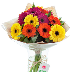 Bathed in gentle daylight, this striking arrangement of Gerbera daisies has been artfully crafted by a local Brent Cross florist. The bouquet celebrates the vibrancy of the community with cheerful sunlit yellows, bold oranges radiating warmth, and rich fuchsia pinks that create a tapestry of colour and joy. Each Gerbera's layered petals fan out from a contrasting dark brown centre, drawing the eye to their intricate beauty while lush, glossy foliage peeks out between the blooms. Nestled in a classic glass vase, the bouquet's stems are visible, cool and green in the clear water-a symbol of enduring life and freshness. Layers of lightly crinkled transparent cellophane and warm-toned rustic kraft paper embrace the blossoms, giving protection and an earthy, hand-crafted look that reflects Brent Cross's friendly, welcoming ambience. Bound with a simple strand of twine, a soft bow secures the flowers, while a fresh white tag, adorned with a red rose illustration, dangles invitingly-a subtle promise of care. The interplay of natural light accentuates each hue, transforming the bouquet into a visual celebration suitable for birthdays, anniversaries, or a thoughtful gesture to friends and family near Brent Cross Shopping Centre. The design radiates gratitude, happiness, and the spirit of togetherness that defines the area.