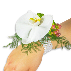 This wrist corsage presents a single, immaculate white Phalaenopsis orchid as its focal poem of form and colour, photographed on a fair-skinned wrist against a clean white background. The orchid's broad petals are satin-smooth to the eye, unfurling around a compact labellum washed in bright yellow and touched with orange at the heart, a small, radiant centre that guides the gaze. Surrounding the bloom is an airy cushion of asparagus fern whose feather-like sprays create a soft, green halo that both supports and highlights the orchid. To one side a cluster of Hypericum berries provides warm seasonal contrast: each berry shows a gentle gradient from pale green through blush to deep cranberry, their glossy surfaces catching the light and offering a pleasing punctuation to the composition. A frilly lime-green accent leaf peeks out near the berries, adding subtle texture. The corsage is fastened on a multi-strand bracelet of tiny white pearls; the pearls' cool lustre and neat symmetry give the design an elegant, timeless finish and sit lightly against the wrist. The photograph's bright, neutral setting emphasises the arrangement's textures and refined palette-white, green and soft red-inviting tactile imagination of smooth petals and the whisper of fern fronds. Crafted with local sensibility for formal occasions-weddings, proms, anniversaries-this piece captures calm confidence and delicate glamour. Prepared with seasonal blooms and local care by florists serving Brent Cross and areas around the Shopping Centre, it is available for same-day delivery across Brent Cross, Hendon and Cricklewood through Brent Cross Flowers.