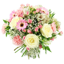 Set against a clean white background, this rounded bouquet appears luminous and inviting, the kind of hand-tied arrangement you might order for same-day delivery around Brent Cross. At its heart, several large cream-coloured roses are fully open, their petals spiralling outward in smooth, overlapping layers that create a calm and luxurious focal point. Interlaced among them are clusters of petite pink spray roses, their small blooms and tight buds offering a charming contrast in scale and a soft gradient of blush tones. Bright pink gerbera daisies provide vibrant accents, each one easily recognisable by its wide, symmetrical petals encircling a dark central disk with a subtle, textured surface. Pale pink carnations, with their densely ruffled petals, add both volume and a nostalgic, comforting character, reminiscent of traditional garden borders. White alstroemeria are tucked thoughtfully between the larger blossoms, their slender petals bearing fine reddish-brown streaks that invite closer inspection and add a refined elegance to the mix. A generous scattering of white gypsophila threads through the bouquet, forming airy clusters that soften the transitions between blooms and lend the arrangement a delicate, cloud-like aura. Pockets of fresh green foliage are visible throughout, bringing contrast and a sense of just-picked freshness, much like flowers gathered from nearby Clitterhouse Playing Fields. The stems are gathered and bound at the bottom in a clean, professional finish, ready to be placed straight into a vase in a Brent Cross living room or office. The overall impression is of gentle joy and heartfelt intention, suitable for marking milestones, offering congratulations, or sending a quiet message of love and care.