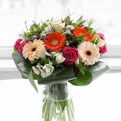 This sophisticated bouquet captures the heart of Brent Cross living, artfully combining playful bursts of orange and peach gerberas with the deep, classic tone of fuchsia roses. Each flower is expertly illuminated by soft daylight, giving the entire arrangement a vivid, uplifting energy reminiscent of mornings near Brent Cross shopping centre. Broad, waxy aspidistra leaves are meticulously folded and layered to cradle the base, their structured appearance enhancing the bouquet's modern allure. Between the blooms, crisp white alstroemeria and delicate spray roses weave through, adding texture and freshness like fields in nearby Brent Park. Subtle hints of pink and clusters of airy white filler flowers add dimension, while smaller, pointed leaves and feathery green sprigs impart a gentle volume and natural rhythm. Contained in a clear glass vase, the exposed stems provide a glimpse of Brent Cross Flowers' dedication to sourcing fresh, high-quality blooms. The bouquet exudes a sense of gratitude and happiness, its imagined fragrance a soft blend of rose and lily underscored by verdant greens. Perfect for housewarmings, special anniversaries, or simply brightening the week, this design embodies both contemporary elegance and the warmth of genuine local craftsmanship.
