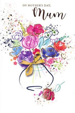 This Mother's Day card artwork unfolds like a tender note written in petals and paint, the bouquet portrayed in flowing watercolour that suggests both freshness and feeling. At its heart, lush pink and magenta roses bloom openly, their velvety layers conveyed through overlapping strokes of colour that deepen towards the centre. Around these romantic focal flowers, softer blue and lavender blossoms appear as gentle clouds of cool tone, tempering the intensity of the pinks and creating a sense of calm that feels like a quiet morning in a Brent Cross garden. Delicate lines of metallic gold trace the contours of petals and hint at slender leaves, catching the eye with a subtle glimmer reminiscent of sunlight touching the tops of trees along the North Circular. The background is a clean, luminous white, allowing every hue to stand out clearly and giving the impression that the bouquet is almost hovering above the card, alive with joyful movement. Flecks of colour and tiny splashes radiate around the flowers, adding a sense of spontaneity and celebration. Below, a soft, rounded vase is sketched with pale, comforting tones and finished with a light ribbon, suggesting gentle care and thoughtful presentation. The composition feels like the work of a florist-artist who understands how to balance colour, space, and emotion, just as one would when preparing a hand-tied gift for a cherished mum in Brent Cross. This image carries warmth, gratitude, and the hopeful spirit of early spring, perfect for accompanying a Mother's Day bouquet delivered to homes across Brent Cross and neighbouring communities.