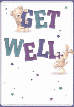 A sense of calm and lightness settles over this charming get well card, making it ideal for brightening the days of those recuperating in Brent Cross or nearby Golders Green. The illustration, rich in well-considered detail, pictures a soft, huggable teddy gently perched atop the word 'GET', while a spirited puppy nuzzles against the word 'WELL' below-each figure rendered with rounded shapes radiating affection and hope. Their expressive faces flash gentle smiles that seem to whisper encouragement, resonating with the positive energy of Brent Cross's close-knit community. The text, bold and lively in hues of deep purple and teal, pops against the crisp white background, drawing the eye and heart alike. Sparkling stars swirl in indigo and blue, evoking the magic of making a wish under the Twin Towers on a clear north London evening. As a florist, I see the same thoughtful attention here as in arranging a bespoke get well bouquet: each design element meant to bring light and joy, echoing the caring touches found at Brent Cross Flowers. This card serves as a small but meaningful offering of hope, a perfect companion for any bouquet delivered with heartfelt wishes throughout the area.