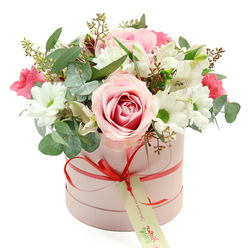 A round hatbox in a soft blush pink shade stands against a pure white backdrop, the simplicity of the setting drawing attention to the thoughtfully crafted bouquet overflowing from its rim. The box, cylindrical and smooth with a matte finish, is encircled by a slim coral-red satin ribbon tied into a precise bow at the front, from which hangs a cream-coloured gift tag with gentle green handwriting-style text. It feels like a carefully prepared gift from a trusted local florist, ready to be sent to someone special in Brent Cross. Above the edge of the box, the flowers swell into a lush, rounded dome, arranged so that no single bloom overwhelms the others. A large central rose in pale pink, its heart swirling into a deeper pink tone, anchors the bouquet, its velvety petals suggesting softness and romance. Around it, neat white chrysanthemum heads with bright green centres lend structure and crisp contrast, reminiscent of clean morning light filtering through a window. Interspersed among them are white alstroemeria, their trumpet-shaped blooms bearing fine speckles inside, while clusters of smaller deep pink flowers - likely spray roses or lisianthus - add dashes of vibrant colour and texture. The greenery includes rounded eucalyptus leaves in cool silver-green and darker foliage that peeks between the petals, along with tiny buds that give hints of new growth. The arrangement appears fresh and full of life, evoking the feeling of a bouquet just prepared in a Brent Cross Flowers studio before heading out for same-day delivery around Brent Cross station, the shopping centre, or nearby residential roads. It would be perfectly suited to marking anniversaries, birthdays, Mother's Day, or those quiet yet meaningful moments when someone needs a gentle reminder that they are loved.