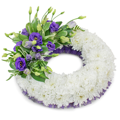 Presented on a stark white background, this circular sympathy wreath is crafted as a gentle emblem of remembrance. The substantial ring is made from countless pristine white chrysanthemums, each cushion-like bloom tightly placed so the petals form a continuous, plush surface that suggests calm and purity. At the upper-left quadrant a cluster of purple Eustoma, commonly known as lisianthus, introduces a soft yet vivid contrast: some flowers are fully unfurled in rich violet tones, others sit as paler lavender buds, and together they create a soft gradient of colour and texture. Mixed in among the lisianthus are varied greens - broad, slightly variegated leaves and delicate ferny fronds - which bring a fresh, living element and subtle layering to the arrangement. A delicate band of deep purple mesh or lace edging is visible beneath the chrysanthemums at both the inner and outer rims, harmonising with the purple blooms and giving the piece a considered, elegant finish. The lighting is even and diffused, producing a gentle shadow beneath the wreath that emphasises its roundness and depth against the white field. There is a quiet sensory note: the faint, comforting scent of white chrysanthemums mingling with the soft perfume of lisianthus, evoking solace rather than flamboyance. As a funeral tribute, this wreath communicates respect and enduring affection, designed to comfort mourners. Locally delivered across Brent Cross, Hendon and Cricklewood, it is a restrained, tasteful choice when words are not enough, and available to families wanting a classic expression of condolence from Brent Cross Flowers.