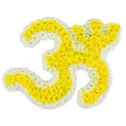 An intricately designed floral Om tribute is shown, floating visually against a clean white background that emphasises its form and colours. The entire symbol is built from countless small blooms, with the main body glowing in a rich shade of golden yellow. Each tiny flower head is carefully nestled next to the others, creating a smooth, padded texture that looks almost like a single continuous surface. Wrapping around the edges, a precise outline of pure white blossoms defines every curve and the small dot at the top right, sharpening the silhouette of the Om and giving it a sense of calm clarity. The lighting is bright and even, causing the yellow petals to shine warmly while the white border appears crisp and luminous, like a halo around the spiritual icon. In the mind's eye, you can imagine this piece resting by a framed photograph or candle during a Hindu funeral or remembrance in Brent Cross, offering a visual centre for silent prayers and shared memories. The flowers look freshly cut, with no sign of wilting, as if arranged only moments before being delivered to a family home near the shopping centre or a nearby temple space. The tribute feels both deeply spiritual and intimately human: a symbol that speaks of creation, continuity, and inner peace, translated into the fragile language of petals. Every detail suggests experienced hands and patient craftsmanship, reflecting not just floral skill but also genuine respect for the traditions and emotions woven into a final farewell.