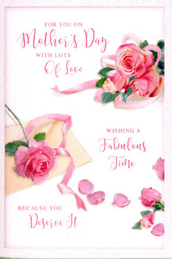 The scene on this Mother's Day card shows a graceful arrangement of pink roses blooming across a clean white background, capturing the spirit of a freshly prepared bouquet ready to be delivered around Brent Cross. The roses are richly detailed, their petals layered in soft, feathery folds that deepen in colour from a hint of blush at the edges to a more saturated rose-pink at the centre. They cluster together in loose groups, creating a sense of natural flow rather than rigid structure, as if they've been casually laid out on a table after being unwrapped from crisp florist paper. Between the main blooms, scattered petals rest lightly on the page, adding texture and an almost poetic sense of time passing-like petals that might fall from a vase as the day drifts by. A delicate pastel pink ribbon threads through the design, curving around the largest rose cluster and then dipping away, its sheen suggesting satin or silk. The Mother's Day message is written in elegant, swirling script, the letters gliding above the flowers in smooth, curving strokes that echo the shapes of petals and ribbon. The card's lighting is soft and even, casting a gentle glow over the composition, similar to the calm afternoon light you might see across the leafy streets surrounding Brent Cross. Every element feels carefully balanced and lovingly considered, from the spacing of the petals to the sweep of the calligraphy. The overall effect is one of warmth, tenderness, and quiet celebration, perfectly suited to accompany a bouquet presented to Mum over tea and conversation at home.
