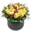 In this photograph, a sleek black hatbox arrangement captures the eye with its harmonious blend of sunny roses and dark, sculptural accents, echoing the mix of bustle and calm around Brent Cross. The hatbox is round and deep, finished in a matte or lightly satin black that absorbs light softly. Around its top rim runs a narrow band of white lace, its tiny repeating pattern adding a whisper of romance that softens the strong lines of the container. Rising directly from this lace-trimmed edge, a mass of yellow roses forms a rounded, almost cloud-like mound. The roses are fully open or just on the cusp of full bloom, with thick, velvety petals arranged in tight spirals that seem to glow from within. The yellow is joyful but not brash, like filtered sunlight spilling over the nearby flyovers on a clear morning. Threaded among the roses at careful intervals are upright stems of Leucadendron, their pointed bracts shading from deep burgundy and plum into softer green tones near the stems. These accents provide depth, contrast, and a touch of modern sophistication, preventing the design from feeling overly sweet. A rich collar of glossy green leaves cradles the base of the blooms, and from between them delicate, needle-like or ferny foliage reaches out here and there, introducing lightness and fine texture. The composition is thoughtfully balanced, making it ideal as a centrepiece for a dining table near Brent Cross Shopping Centre, a gift delivered to a home just off the A41, or a cheerful arrangement to brighten a workspace. The bouquet radiates warmth, care, and contemporary elegance, perfectly in tune with the local Brent Cross community.