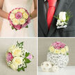 This four-part wedding collage offers a gentle journey through coordinated floral details, all united by a palette of cream, pale yellow, blush pink, and soft mauve roses, lifted by white filler flowers and leafy greenery. In the top left frame, the bride is shown from the shoulders down, dressed in a classic white gown with subtle lace on the bodice that glows softly, as if in natural light streaming through a Brent Cross townhouse window. Her bouquet is a compact, rounded cluster of roses, cream and pale yellow blooms interwoven with deeper pinks, the petals tightly layered for a luxurious, almost velvety look. Baby's breath and touches of green foliage thread through the design, creating a sense of movement and freshness, like a garden gathered into her hands. The top right panel shifts to the groom's lapel, where a single white rose boutonniere rests against a dark grey suit. The pristine bud is encircled by sprigs of green and tiny white flowers, bound together with a white satin bow that sits elegantly above a bold red silk tie, balancing tradition and modern flair, reminiscent of city weddings near the Brent Cross Shopping Centre. In the bottom left, a bridesmaid's bouquet lies on pale, textured linen, its cream and yellow roses mingling with pink blooms and airy baby's breath in a slightly looser, more relaxed style. The stems are neatly finished with a pink and white striped ribbon handle, suggesting thoughtful, personal touches. The bottom right image focuses on a wedding centerpiece: a low, rounded arrangement mirroring the bridal bouquet, perched on a sculptural white twig sphere, flanked by two smaller woven balls, all set against a soft beige backdrop. This final scene evokes a tastefully styled reception table, the sort of refined decor a Brent Cross florist might create for local hotel and riverside venues.