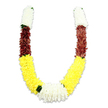 A handcrafted, U-shaped ceremonial garland photographed against a clean white backdrop, its soft shadow giving the piece a gentle sense of depth and dimension. The garland is built from thousands of tiny fabric petals, densely clustered to create a plush, sculpted surface that mimics fresh blooms; the tactile quality reads almost like a knitted textile of flowers. Each symmetrical arm begins with a compact cylinder of pure white, chrysanthemum-like blossoms whose fine, layered petals give an airy, serene feeling. A narrow band of deep maroon - a warm, reddish-brown hue - follows, the small petals packed with the same meticulous regularity, adding a grounded, devotional note to the composition. The longest continuous section of each arm is a jubilant, sunshine yellow, reminiscent of marigolds, forming the graceful lower curve of the U with a bright, welcoming presence. At the very base where the two yellow arms meet, a generous cluster of white blooms creates a focal heartpiece, punctuated by tiny dark-green leaf accents that act as tasteful separators between the colour blocks. Under soft studio lighting the synthetic fibres catch highlights subtly, revealing the careful handwork in every seam and stitch. The overall impression is one of ceremonial dignity and celebration - suitable for Hindu puja, temple offerings, weddings, Diwali and Holi festivities, or as a respectful tribute. The colour choices - white for purity, yellow for auspiciousness, maroon for devotion - speak quietly of tradition, while the durability of the materials suggests this mala will hold its shape and meaning through many occasions and gentle handling in and around Brent Cross and neighbouring Cricklewood.