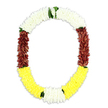 Against a bright, uncluttered white background, a U-shaped funeral garland hangs like a gentle arc of colour and memory. At the top, a thick band of white flowers forms a soft, continuous cushion, the individual blossoms small and tightly packed so that the surface appears downy and calm, evoking purity and the idea of a peaceful resting place. As the garland extends down both sides, this whiteness slowly deepens into lush maroon sections, the petals arranged in dense, overlapping layers that give the impression of velvet and convey a deep, steady reverence suited to rites of passage and farewell rituals. Along the bottom curve, the design brightens into a run of clear yellow blooms, their rounded petals catching light and suggesting warmth, gratitude, and the quiet resilience of those who remain. Between these colour blocks, fine touches of green foliage are woven with intention, especially where white meets maroon and where yellow borders smaller areas of white and green, adding a natural, leafy rhythm and preventing the garland from feeling too rigid or formal. The craftsmanship is evident in its balanced proportions and even thickness, with each bloom contributing to a continuous, opulent ring. Imagined within a Brent Cross context, this mala-style garland might be laid around a photograph during a home vigil, or placed near the front of a local chapel, providing a traditional yet universally comforting symbol of respect and remembrance. The overall impression is one of harmony: white for peace, maroon for devotion, yellow for hope, and green for the living connection that continues in the hearts of family and friends.