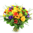 This vibrant bouquet, captured against a bright white background, appears as a lush, rounded burst of colour carefully arranged by skilled local florists in Brent Cross. Yellow takes centre stage, with classic roses showing tightly spiralled hearts surrounded by full, petal-rich chrysanthemums and small daisy-like blooms, all combining to create a warm, sunlit core. Radiating from this heart, orange gerbera daisies spread their bold petals in wide circles around distinct, darker centres, supported by smaller orange flowers that echo their tangerine tones and contribute to a cohesive, joyful warmth. Woven through these bright hues, deep purple lisianthus blooms introduce an air of refinement; their delicate, layered petals look as though they have been gently folded by hand, and a few paler buds in lavender and white suggest new blossoms about to open. Fresh lime-green button chrysanthemums are sprinkled throughout like cheerful dots, adding lively, spherical texture and a cool contrast that keeps the palette balanced. Tucked between petals and leaves, clusters of shiny red hypericum berries glisten like tiny jewels, offering a distinctive, waxy texture that hints at festive gatherings and special occasions. Tall, slender blades of ornamental grass rise and curve from within the bouquet, adding vertical interest and an airy sense of movement, while a sturdy base of dark, glossy foliage frames the blooms and emphasises the bouquet's full, domed structure. The stems are neatly bound at the base, suggesting a fresh-cut hand-tied bunch ready for delivery to homes near Brent Cross station, offices alongside the North Circular, or cosy flats in the neighbouring streets. The overall feeling is bright, upbeat, and generous-a perfect choice for birthdays, thank-you gestures, or simply bringing a burst of happiness into everyday life.