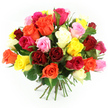 The photograph shows a beautifully composed hand-tied bouquet of multi-coloured roses, presented against a clean white background so that the colours seem to float, much like a bright splash of joy on a grey day near Brent Cross. The arrangement is full and rounded, with dozens of blooms pressed closely together into a dome, creating the sense of an overflowing, generous gift. Rich reds and crimson roses provide depth and passion, interwoven with sunny yellow and glowing orange flowers that introduce warmth and energy, echoing the bustle of shoppers around Brent Cross Shopping Centre. Soft pastel pinks and vivid fuchsia roses are scattered throughout, balancing the stronger hues with more playful, romantic shades, while accents of cream and ivory lighten the palette and add a touch of refinement. Each bloom reveals the signature spiralling layers of rose petals, some still held fairly tight in bud-like forms, others fully open and slightly ruffled at the edges, as though caught at the perfect moment of bloom. Flecks of dark green foliage peek between the flowers, giving depth, structure, and a sense of fresh, living growth. The long green stems are neatly aligned and tied with a green and white checkered ribbon, lending the bouquet a charming, slightly rustic detail that contrasts pleasantly with its vivid colours. Soft, even lighting eliminates harsh shadows and draws attention to the velvety surfaces of the petals and the slight sheen of the leaves. The overall mood is festive, loving, and uplifting, ideal for birthdays, anniversaries, congratulations, or simple acts of kindness, and evokes the experience of receiving a thoughtfully arranged rose bouquet delivered from a local Brent Cross florist to homes across the surrounding North West London streets.