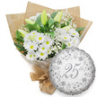 Photographed against a spotless white background, a white floral bouquet and a silver 25th balloon together create a gentle, celebratory scene that feels very much at home in Brent Cross, where families and couples often mark important milestones. The bouquet is generous and lovingly built, its main body formed from white chrysanthemum daisies whose tidy petals radiate around golden-yellow centres, suggesting warmth and joy within a calm, neutral palette. Interspersed among them, tall white lily buds stretch upwards, their petals still wrapped tight, brushed with a soft green undertone that speaks of freshness and imminent bloom. Light, airy sprays of baby's breath wander between the larger flowers, dusting the arrangement with a fine, cloud-like texture. Deep green foliage surrounds and supports the blooms, the leaves' rich colour offering a strong counterpoint that sharpens every white petal. Wrapped in a layer of clear cellophane and then embraced by rustic brown kraft paper, the bouquet has a relaxed yet polished look, reminiscent of flowers carried home from a trusted local florist after a visit to Brent Cross Shopping Centre or a walk along the North Circular. The stems are gathered and tied neatly at the bottom, making the design feel hand-crafted and personal. Placed to the lower right of the bouquet is a round metallic silver foil balloon. Its softly crinkled surface gleams under the light, decorated with ornate, scrolling patterns and delicate floral details in tones of silver-grey. At the centre, a flowing script 25th stands out clearly, surrounded by a faint pattern of repeated Happy Anniversary in pale grey. The overall effect is one of subtle glamour and heartfelt celebration, perfectly suited to honouring twenty-five years of shared life and love.