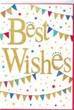 The photograph shows a vibrant Best Wishes card, brimming with the kind of joyful energy that fits perfectly with celebratory moments across Brent Cross. The card's background is a crisp, unblemished white, giving a sense of clarity and lightness. At the centre, the handwritten-style words Best Wishes sweep gracefully across in rich golden script, the letters slightly embossed and sparkling with fine glitter. This golden message catches the eye immediately, shining as warmly as evening lights around the Brent Cross shopping centre, and it feels both elegant and approachable. Surrounding the greeting, strands of decorative bunting hang in soft curves above and below, framing the text like a cheerful banner. Each tiny triangular flag along the bunting is brightly coloured in shades of blue, red, green, yellow, and hints of purple, with some flags displaying delicate patterns-tiny spots, narrow stripes, and mosaic-like shapes that create a sense of handcrafted charm. Between and around the bunting, small star motifs and scattered confetti dots float freely, echoing the colours of the flags and giving the impression of movement, as though a burst of celebration has just taken place. The overall layout is airy and well-spaced, allowing each element to shine without clutter. The feeling it conveys is one of optimism, encouragement, and shared happiness, making the card an ideal companion to a hand-tied bouquet travelling to homes and offices in Brent Cross. It's easy to imagine this card accompanying flowers to mark a promotion, a new baby, exam results, or any moment where heartfelt good wishes and congratulations are in order.