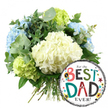 A joyful Father's Day bouquet and balloon set is carefully presented against a bright white background, giving the entire image a fresh, modern feel. Filling the upper left and central area is a lush, hand-tied bouquet of hydrangeas, its rounded shape evoking a soft, billowing cloud of petals. At the core of the bouquet, creamy white hydrangeas create a gentle focal point, their numerous small petals overlapping closely to form plush, voluminous flower heads. Intermingled with them are light blue hydrangeas, particularly noticeable towards the left and at the top, adding a soothing, cool-toned layer reminiscent of clear skies over Brent Cross on a crisp day. Pockets of vivid lime-green hydrangeas appear near the lower left and right edges of the bouquet, lending a zesty, uplifting accent that enlivens the overall palette.   

Threaded among the hydrangeas are slender sprigs of silvery eucalyptus and darker green foliage, bringing structure, textural contrast, and a hint of herbal freshness to the design. The stems of the bouquet are visible at the base, neatly aligned and tied, indicating a freshly prepared floral gift ready for delivery to local homes and workplaces around Brent Cross and the surrounding neighbourhoods. In the lower right portion of the image, slightly overlapping the bouquet, a round foil balloon shines with a reflective surface. Its centre is a crisp white field bordered by bold black-and-white stripes at the top and bottom, framing the upbeat message For the BEST DAD EVER! The words are displayed in playful, colourful lettering, with BEST and DAD in a mix of patterned and solid fonts featuring teal, red, black, and green. Scattered around the text are small stars in yellow, red, teal, and black, along with confetti-like dots and a small No. 1 rosette emblem. Together, the refined hydrangeas and the spirited balloon create a warm, heartfelt tribute to a special dad, ideal for Father's Day or a birthday celebration in Brent Cross.