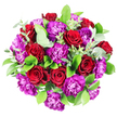 A richly coloured bouquet fills the frame in this overhead photograph, forming a complete, rounded dome of flowers set against a pure white background, as if laid out on a florist's workbench near Brent Cross. The composition features a balanced mix of deep red roses and vivid purple carnations, arranged so closely together that only glimpses of foliage are visible between them. The roses are plush and velvety, their petals tightly layered in spirals that draw the eye inward. Their crimson tones have a soft sheen in the bright, even light, hinting at freshly cut stems and careful handling. The purple carnations bring a contrasting texture with their many frilled, delicately edged petals, which create a sense of motion and softness, as though the flowers were gently ruffled by a breeze. Their colour ranges from rich royal purple at the centre to slightly lighter, almost fuchsia shades at the outer petals. Around the blooms, dark-green glossy leaves provide a classic, polished frame, while slender stems of eucalyptus add small, rounded leaves in a muted, silvery-green, breaking up the intensity of the red and purple with a cooler accent. The white background strips away all distractions, making the bouquet the single focal point and highlighting the florist's skill in achieving a flawless, circular silhouette. The mood is passionate yet elegant, suggesting a bouquet chosen for a romantic anniversary meal in a Brent Cross apartment, a special celebration near Hendon, or a heartfelt same-day flower delivery to someone cherished along the A41, carrying with it the unspoken language of love, admiration, and joy.