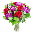 This image shows a lavish bouquet that seems ready to take pride of place in a Brent Cross home, combining deep red roses and rich purple peonies in a clear glass vase with an air of effortless elegance. The roses are lush and fully opened, their velvety petals arranged in tight spirals that gradually relax toward the outer edges, creating rounded blooms in intense crimson. Interspersed with them, the peonies bring a softer, more romantic volume, each flower a rounded mass of ruffled petals in velvety purple tones that look almost like gently gathered silk. A generous band of greenery surrounds the flowers, anchoring the arrangement. Glossy green leaves provide a solid, fresh backdrop, while slender strands of eucalyptus rise and curve through the bouquet, their cool, silvery-green leaves breaking up the richer colours and adding movement. The clear vase reveals the carefully aligned stems, angled and trimmed with professional precision, bathed in fresh water that glints faintly, much like the reflections from nearby lights along the North Circular. Soft, ambient light pours over the bouquet, emphasizing the depth of the reds and the layered texture of the peonies, while casting subtle shadows that give the arrangement a sense of depth and dimension. You can almost sense the fragrance hovering just above the blooms: the sweet, enveloping scent of roses quietly woven with the clean, slightly resinous note of eucalyptus and the damp freshness of just-cut foliage. This arrangement feels perfect for romantic occasions-a surprise delivery across Brent Cross for an anniversary, a birthday, or to say you are cherished-bringing colour, emotion, and the artistry of local floristry into any space.
