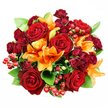 Seen from directly above against a clean white backdrop, this tightly gathered round bouquet reads like a warm, fragrant statement of affection. At its heart several large, fully opened deep red roses display their velvet-thick petals cupping delicate centers, the classic signifiers of passion and quiet devotion. Scattered between them are bright orange Asiatic lilies-some trumpet-wide and splayed with visible stamens, others in the poetic stages of unfurling or still in slender buds-introducing energetic flares of citrus-warm colour. Smaller spray roses in a rich burgundy or wine tone cluster densely, their miniature blooms creating velvet punctuation that pushes the reds into deeper, jewel-like territory. Glossy red Hypericum berries are threaded through the composition like tiny, reflective orbs, adding a playful, festive texture against the matte softness of petals. Broad, glossy green leaves-likely ruscus or salal-peek out to give the arrangement breathing room and a fresh, cool contrast to the warm palette. The lighting is soft and even, revealing subtle variations in petal sheen and the gentle shadow between overlapping blooms without harsh contrast. There is an implied scent of warm rose depth underscored by the lily's bright, almost spicy citrus notes, enough to imagine the bouquet filling a small London flat with a thoughtful perfume. This composition suggests autumnal romance, an anniversary gift, or a celebratory centerpiece; it feels both opulent and homey, ready to be delivered across Brent Cross or placed on a dining table to mark an intimate occasion.
