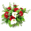 A dramatic yet elegant bouquet of red roses and white calla lilies fills the centre of the frame, the arrangement isolated against a bright white background and captured from a slightly raised eye-level viewpoint so the rounded form and texture are easy to appreciate. At its core, deep red roses gather together in dense clusters, their plush, velvety petals layered in tight, classic rosettes that carry a strong sense of romance and heartfelt emotion. Standing gracefully among them, white calla lilies extend in clean, sculptural lines, each trumpet-shaped bloom gently curling around a slender, creamy yellow spadix, contributing a minimalist sophistication that contrasts beautifully with the softness of the roses. Generous greenery envelopes the flowers, with fine eucalyptus stems displaying small, rounded, silvery-green leaves, and larger, darker green leaves adding depth and volume, creating an impression of both abundance and lightness. The stems converge into a clear glass vase at the base of the bouquet, only the subtly ribbed bottom edge visible beneath the curtain of foliage. The lighting is bright and balanced, with no harsh shadows, allowing the reds, whites, and greens to appear vivid and true-to-life, as though freshly assembled in a Brent Cross studio before heading out toward Hendon Central or the residential streets near Golders Green. This arrangement would be perfectly placed at the centre of a romantic dinner table, a stylish apartment overlooking the North Circular, or as a statement anniversary gift, its harmonious blend of colour, form, and freshness conveying both passion and refined taste.