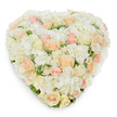 From a gentle overhead view against a pristine white backdrop, a lush heart-shaped floral tribute fills the frame with layered softness and quiet dignity. The surface is densely packed with dozens of fresh roses-some tightly furled buds, others fully unfurled-ranging in tone from pure white and warm ivory to pale peach and delicate blush pink, each petal catching a soft, diffused light. Interwoven among the roses are billowing clusters of white hydrangea that lend a cloud-like volume and feathery texture, while small pockets of deep green, variegated foliage peek through to give the composition depth and a natural contrast. The heart outline is meticulously formed, its edges seamless and slightly irregular in the most human, handcrafted way, so the design reads as both expertly constructed and tenderly made. A subtle shadow beneath the arrangement hints at its three-dimensional presence on the white surface, suggesting a sculpted, living object rather than a flat image. The scent, imagined from the visual, would be a clean, soft rose fragrance with a cool undertone of summer greens-comforting and restrained. This arrangement carries a mood of serene affection and respectful remembrance; it is equally suited to a wedding altar, anniversary tribute, or a memorial service where understated elegance and heartfelt sentiment are desired. Local florists familiar with Hampstead Garden Suburb and nearby Hendon choose this palette for moments that call for timeless calm. The piece reads as a premium, fresh-cut floral art piece-quiet, compassionate, and perfectly composed for any occasion that requires grace and sincere feeling.
