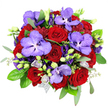 From a bird's-eye view on a clean white background, this bouquet looks like a rich, romantic medallion of colour, its reds and purples glowing as if lit from within-a perfect centrepiece for a Brent Cross celebration or a dramatic surprise arriving by same-day delivery. Deep red roses form the heart of the arrangement, clustered closely so that their velvety, tightly wound petals create a lush, almost fabric-like texture suggestive of velvet or fine silk. Nestled between them, Vanda orchids unfold in generous petals of lavender-purple, each one dusted with a network of darker violet spots that lend an exotic, contemporary twist. Between these focal blooms, violet lisianthus flowers add gentle movement; some blossoms are open with softly frilled edges, while others remain as smooth, elongated buds that hint at blooms still to come. Scattered throughout, small light purple florets and rosebuds provide soft, romantic highlights, subtly lifting the palette and drawing the eye around the composition. Surrounding this core of colour, glossy dark green foliage from the roses and airy, silvery eucalyptus sprigs arch outward, framing the bouquet in cool greens and silhouettes that suggest a refreshing, slightly aromatic scent. Delicate filler greenery with tiny leaves fills any remaining gaps, giving the design a full, rounded appearance without losing its sense of elegance. Near the base, a trace of silvery mesh or netting reveals a refined wrapping style, as if prepared moments ago in the studio at Brent Cross Flowers. The balanced, bright lighting captures every texture and hue, making this a standout arrangement for anniversaries, romantic milestones, or any occasion that deserves a bold yet sophisticated floral statement in Brent Cross.