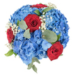 Seen from directly above against a clean white background, this perfectly rounded bouquet reads like a statement of calm and celebration. A dense cushion of blue hydrangea heads forms the dominant surface, each floret ranging from pale sky blue to a deeper sapphire, their papery petals catching soft light and creating a lush, cloud-like volume. Nestled into that blue sea are several deep red roses, their velvety spirals unfurling toward the centre and providing bold focal points that draw the eye. Tiny sprays of baby's breath pepper the composition like pinpricks of white starlight, adding air and a delicate contrast to the saturated blues and crimsons. Muted, rounded eucalyptus leaves and a few sharper green foliage pieces are threaded through the blooms, their cool, silvery-green tones grounding the arrangement and adding sculptural depth. The overall impression is one of thoughtful balance-the hydrangeas' softness supporting the roses' passionate intensity, while the baby's breath brings lift and the foliage offers restraint. Viewed as a whole, the red, white, and blue palette suggests commemoration and communal pride, making this bouquet suitable as a centerpiece for Remembrance Day, civic occasions at the Brent Cross Shopping Centre, or quiet celebrations at home. The flowers appear freshly cut, lightly fragrant, and expertly placed so the dome holds its shape when carried. A local florist in Brent Cross would describe this as an elegant, tactile arrangement that reads well from above and photographs cleanly against neutral backgrounds for event displays and editorial features on seasonal floristry.