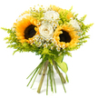 A cheerful hand-tied bouquet of sunflowers, white roses, and dainty meadow-style flowers is shown against a pure white background, which highlights its sunny, garden-fresh character. At the centre, three generous sunflowers display dark, seed-rich centres ringed by bold golden-yellow petals that reach outward, giving the arrangement its confident, joyful focal point. Tucked among them, creamy white roses with tightly layered petals introduce a softer, more refined note, their velvety texture providing a gentle counterbalance to the sunflowers' rustic charm. Throughout the bouquet, little clusters of white daisy-like blooms with yellow centres appear like scattered stars, creating a delicate lattice of detail and evoking the informal beauty of countryside flowers, even amid the busy streets around Brent Cross. All of this is cradled in a halo of fine, lime-green foliage resembling solidago, whose tiny buds and feathery stems form a light, airy frame that makes the bouquet feel full yet not heavy. The stems are neatly aligned and gathered in a compact grip, then bound with a lime-green ribbon that wraps the base and drapes slightly, its colour mirroring the fresh greens within the bouquet. The overall shape is gently rounded and slightly loose, suggesting both careful craftsmanship and a natural, just-picked feel. It conveys joy, gratitude, and encouragement, the kind of bouquet someone in Brent Cross might send to brighten a friend's flat, celebrate a small victory, or simply bring a touch of golden sunshine indoors on a typical North London day.