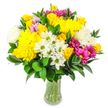 A lush mixed bouquet stands tall in a clear glass vase, silhouetted against a spotless white background that lets its colours shine with uncomplicated clarity, reminiscent of a bright afternoon around Brent Cross. The bouquet is rounded and pleasingly full, crafted so that each bloom flows into the next. Dominating the arrangement are sunny yellow roses and plump yellow chrysanthemums, their rich, layered petals creating a glowing centre that radiates easy happiness. Threaded between them, fluffy white chrysanthemums and small white daisy-like flowers with distinctive lime-green centres bring freshness and a sense of calm, tempering the intensity of the yellow. Here and there, bold magenta and fuchsia chrysanthemums step forward with vibrant flair, adding a modern, upbeat feel, while gentle pastel pink flowers sit slightly deeper in the design, enriching the colour story without overwhelming it. The flowers are supported by deep green foliage, featuring sturdy, oval, glossy leaves that arc around and through the bouquet, adding volume and a quietly polished finish. The vase itself is straightforward and graceful, with a soft curve that reveals the bundled green stems and clear water inside, hinting at the bouquet's recent creation by a local florist readying it for same-day delivery in NW2 and NW4. The overall mood is one of lightness, warmth, and thoughtful generosity, ideal for sending to a friend recovering at home near Hendon Way, celebrating a birthday in Cricklewood, or simply brightening the living room after a visit to the Brent Cross shopping centre. The bouquet feels approachable and joyful, like a pocket of sunshine you can bring indoors.