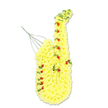 A meticulously designed floral saxophone stands upright against a clean white background, capturing the spirit of live music in a quiet, contemplative way. The entire instrument is formed from a dense covering of small, bright yellow chrysanthemum florets, each bloom carefully positioned so that the surface appears smooth yet textured, like a soft, golden fabric. These chrysanthemums trace the saxophone's graceful arc from the mouthpiece and neck through the long body and into the rounded bell, ensuring that the instrument's familiar profile is unmistakable. Set along this sunny surface, small red rosebuds and clusters of miniature spray roses mark the positions of keys and tone holes, their velvety petals forming vivid accents that stand out in rich contrast to the yellow. Slender lines of deep green foliage and bear grass weave around the curves and edges, evoking the sense of music drifting through the air, as if echoing from a bandstand near Brent Cross, Dollis Hill, or Golders Green. Near the top of the piece, a few thin green or metallic wires emerge discreetly, lending necessary support and hinting at the sax's reed and fittings. The overall impression is of a heartfelt, personalised tribute, perfect for honouring a saxophonist, band member, or devoted music lover from the local community. The bright yellow chrysanthemums suggest friendship, optimism, and remembrance, while the red roses bring a note of love, loss, and gratitude, creating a floral sculpture that feels both celebratory and deeply respectful for a funeral or memorial gathering.