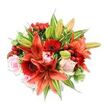 A lush, tightly gathered bouquet sits against a pristine white backdrop, its rounded silhouette filled edge to edge with warm-toned blooms and abundant greenery. At the centre, several large orange-red Asiatic lilies unfurl their broad, recurved petals - some open to reveal softly speckled throats and prominent dark anthers, others held as elegant buds promising a later flourish. Surrounding those dramatic lilies are deep crimson gerbera daisies, their fine radiating petals circling rich, almost black centers to add bold textural contrast. Scattered throughout are blush pink roses, shown at various stages from compact buds to gently opened cup-shapes, their satiny petals offering a tender, romantic counterpoint to the fiery lilies. Small clusters of glossy red hypericum berries nestle among the blooms like polished jewels, their round, waxy surfaces catching the light and adding cheerful punctuation. A generous mix of foliage - long, pointed lily leaves, broad solid greens and a few variegated leaves with pale streaks - frames the composition and gives it depth and a freshly cut scent. The arrangement's textures read clearly: the papery strength of lily petals, the velvet softness of rose petals, the smooth resilience of berry skins and the crispness of green leaves. Viewed from slightly above, the bouquet feels celebratory and intimate at once - appropriate for anniversaries, birthdays, or to brighten a home near Brent Cross Shopping Centre or for a thoughtful delivery to a neighbour on Cricklewood Broadway. The overall impression is warmth and careful craftsmanship, a florist's composition that balances drama and tenderness while promising fragrance, longevity, and a handcrafted presence in the room.