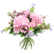 A dreamy hand-tied bouquet glows softly against a clean white background, its pink and lavender tones evoking the calm of an early evening walk around Brent Cross. At its centre, two generous clusters of pale pink hydrangeas create full, rounded domes, each formed by countless small, slightly ruffled petals that give a plush, cloud-like texture. Nestled among these hydrangeas are gentle pink roses, some opened wide to display their spiralled hearts, others still in neat, promising buds that will slowly unfurl in a vase on a table near the shopping centre or a quiet side street off Hendon Way. Rising from between the larger flowers, slender stems carry bell-shaped blooms in pastel lavender and soft purple, reminiscent of campanula or garden bellflowers, adding graceful height and a whimsical, almost storybook charm. Scattered throughout are petite clusters of deeper fuchsia and rich pink filler flowers, their tiny blossoms forming textured pockets of more intense colour that enrich the bouquet's overall palette. Fresh greens weave through the design: broad, luminous leaves cradle the hydrangeas, while finer, budding stems lend a sense of movement and life, suggesting the bouquet has just been gathered from a nearby garden. At the base, the stems are clearly visible, neatly aligned and securely tied to create a classic hand-tied finish, ready for a clear glass vase or favourite jug. The overall impression is one of tenderness and quiet celebration, perfect for birthdays, anniversaries, or simply to brighten a loved one's day with same-day delivery across Brent Cross and neighbouring North London streets.